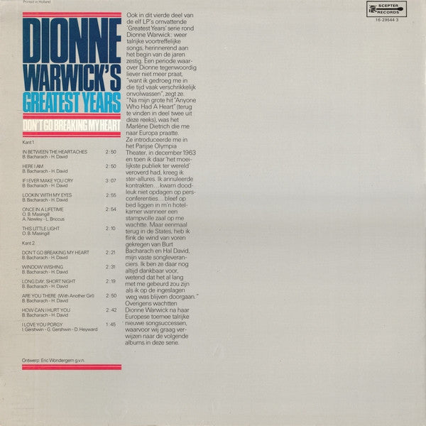 Dionne Warwick : Greatest Years Vol.4 Don't Go Breaking My Heart (LP, Album)