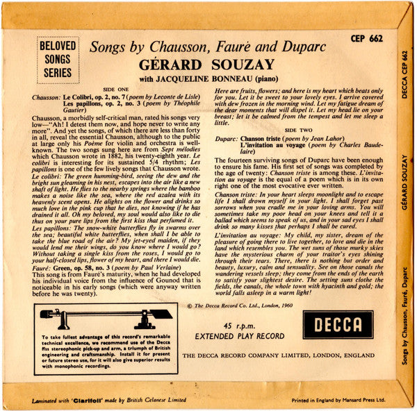 Gérard Souzay, Jacqueline Bonneau : Songs By Chausson, Fauré And Duparc (7", EP, Mono)