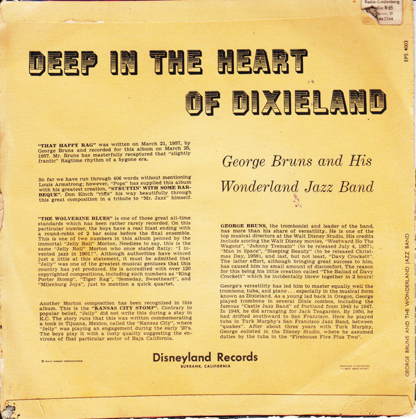 George Bruns And  The Wonderland Jazz Band : Deep In The Heart Of Dixieland (7", EP)