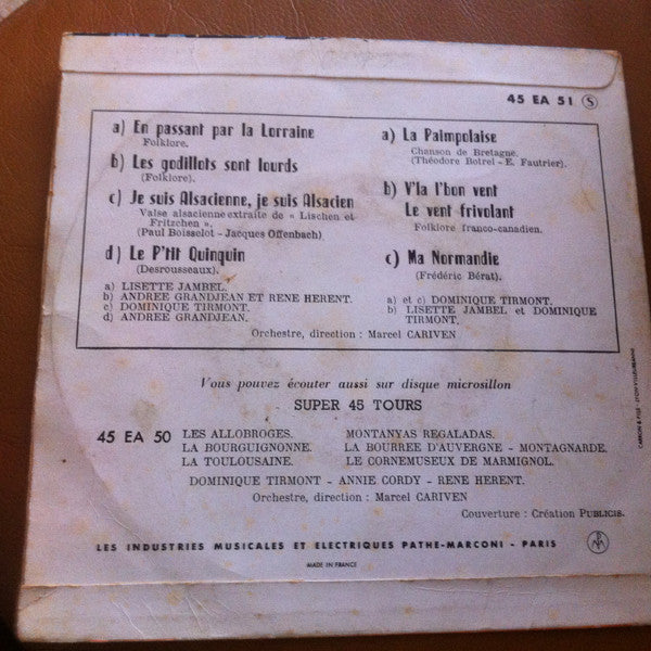 Dominique Tirmont, Andrée Grandjean, Lisette Jambel, René Hérent : Les Chansons De Nos Provinces (7", EP)