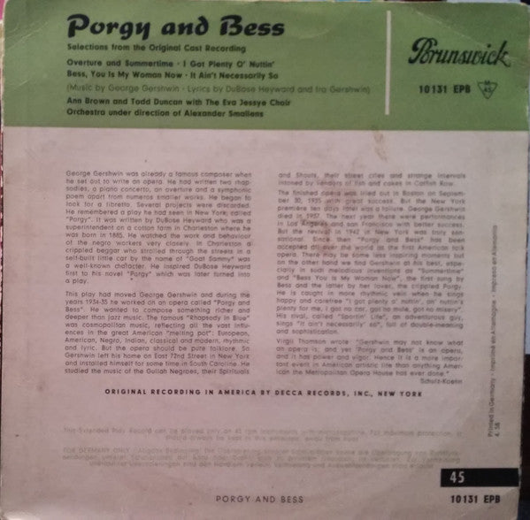 Various : Porgy And Bess Selections From The Original Cast Recording (7", EP, Mono)