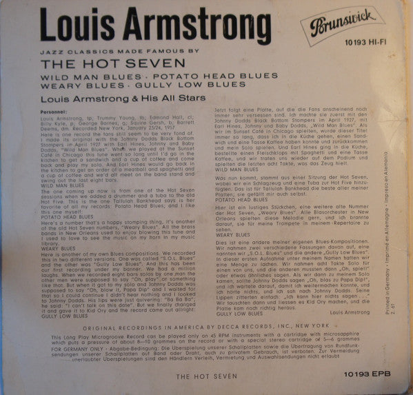 Louis Armstrong And His All-Stars : The Hot Seven (7", EP)