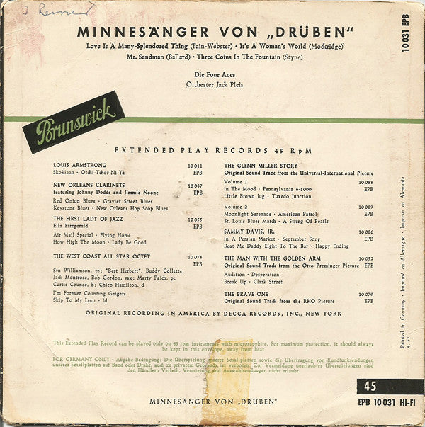 The Four Aces : 20th Century Minstrels (Minnesänger Von "Drüben") (7", EP, Mono)