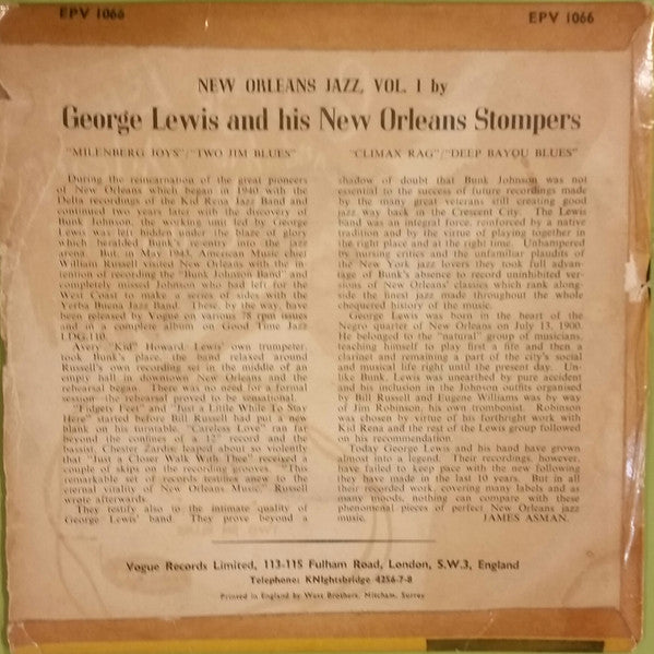 George Lewis And His New Orleans Stompers : New Orleans Jazz, Vol 1 (7", EP)