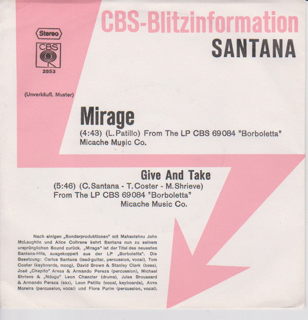 Santana : Mirage / Give And Take (7", Single, Promo)