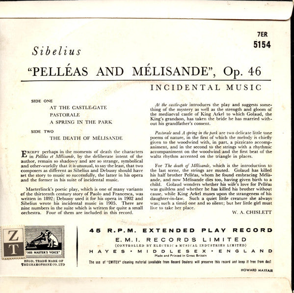 The Royal Philharmonic Orchestra, Sir Thomas Beecham : "Pelléas And Mélisande", Op. 46 (7", EP, Mono)