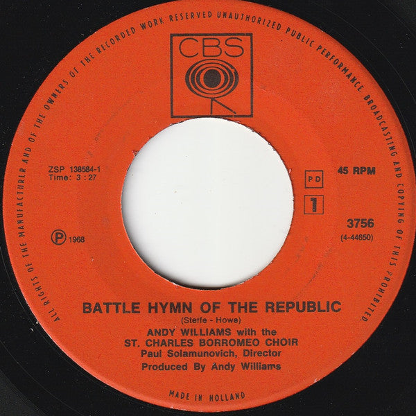 Andy Williams With The St. Charles Borromeo Choir : Battle Hymn Of The Republic / Ave Maria (7", Single)