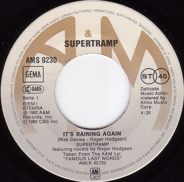 Supertramp : It's Raining Again (7", Single)