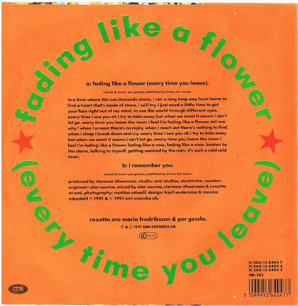 Roxette : Fading Like A Flower (Every Time You Leave) (7", Single)