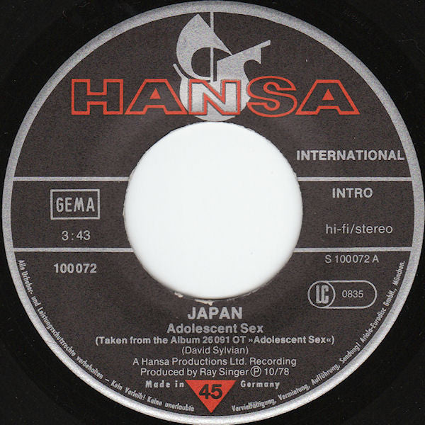 Japan : Adolescent Sex (7", Single)