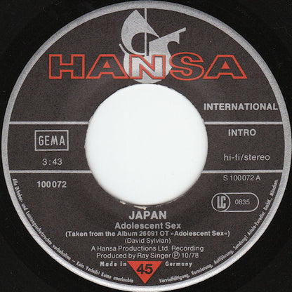 Japan : Adolescent Sex (7", Single)