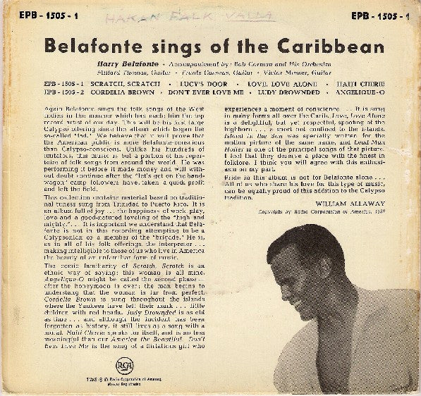 Harry Belafonte : Belafonte Sings Of The Caribbean (7", EP, Top)