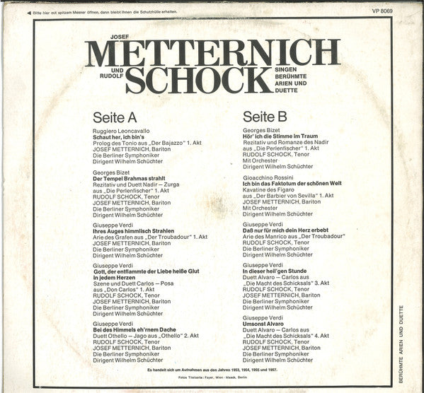 Josef Metternich, Rudolf Schock : Josef Metternich Und Rudolf Schock Singen Berühmte Arien Und Duette (LP)