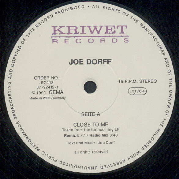 Joe Dorff : Close To Me (12")