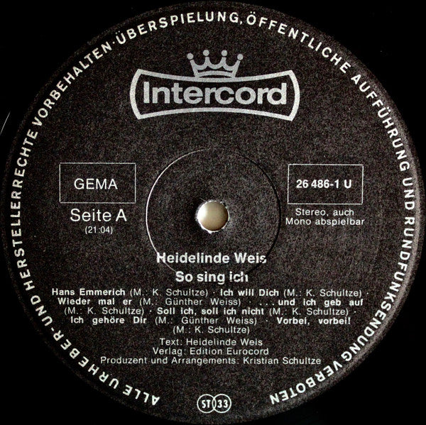 Heidelinde Weis : So Sing Ich (LP, Album)