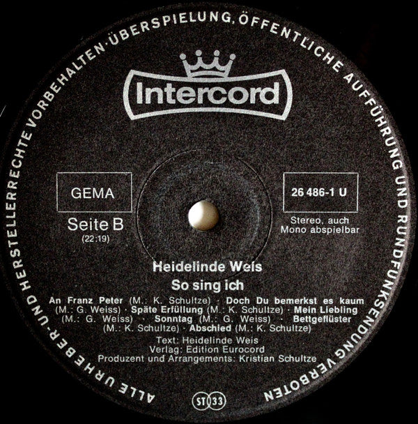 Heidelinde Weis : So Sing Ich (LP, Album)