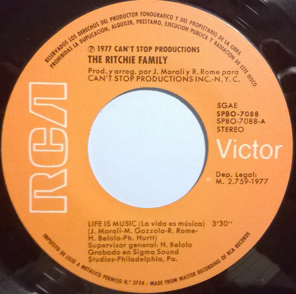 The Ritchie Family : Life Is Music (La Vida Es Música (7", Single)