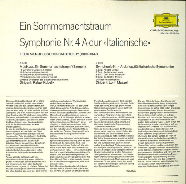 Felix Mendelssohn-Bartholdy, Symphonie-Orchester Des Bayerischen Rundfunks · Rafael Kubelik / Berliner Philharmoniker · Lorin Maazel : Ein Sommernachtstraum / Symphonie Nr. 4 A-dur »Italienische« (LP, Comp, Club)