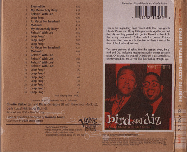 Charlie Parker • Dizzy Gillespie : Bird And Diz (CD, Album, RM, Dig)