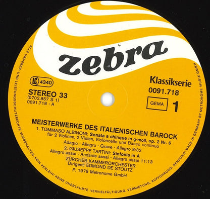 Tomaso Albinoni, Giuseppe Tartini, Francesco Geminiani, Pietro Antonio Locatelli : Meisterwerke Des Italienischen Barock (LP)