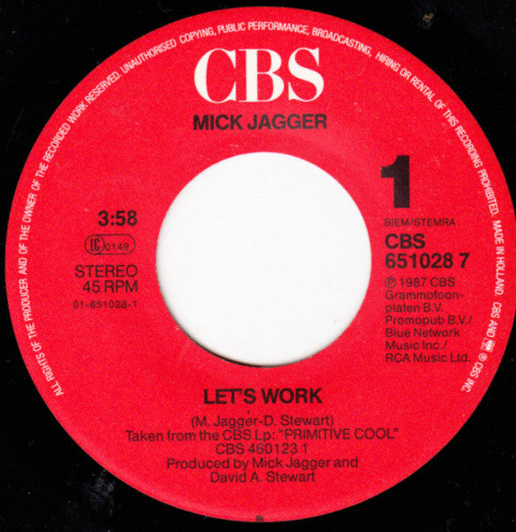 Mick Jagger : Let's Work (7", Single)