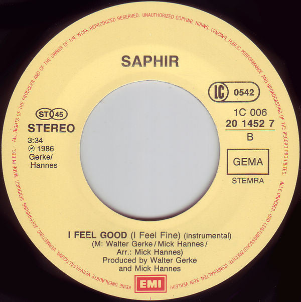 Saphir : I Feel Good (I Feel Fine) (7", Single)