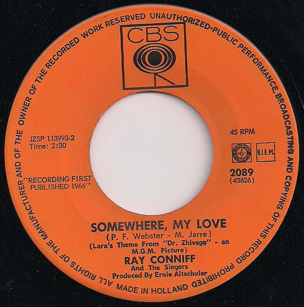 Ray Conniff : Lara's Theme (Somewhere My Love) / Midsummer In Sweden (7", Single)