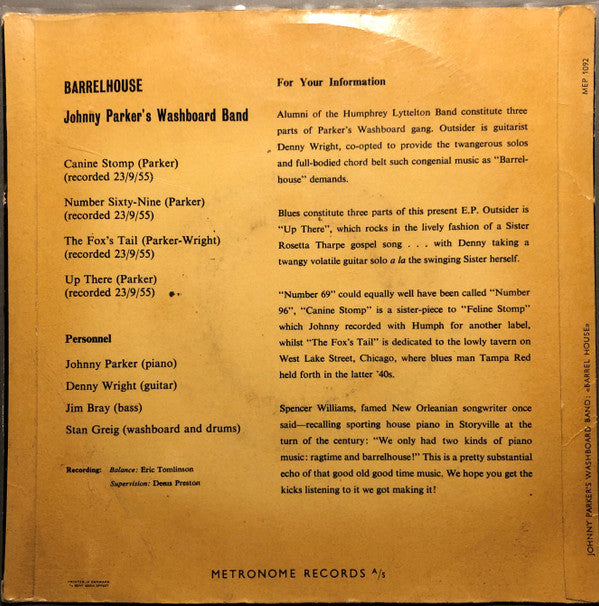 Johnny Parker's Washboard Band : Barrel House (7", Single)