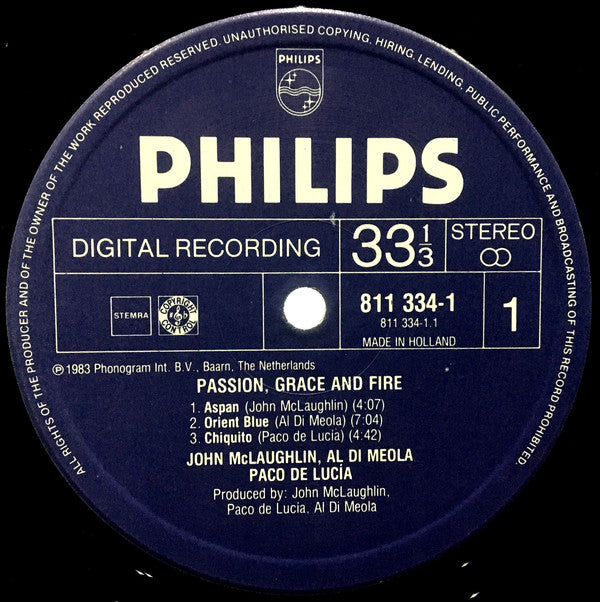 John McLaughlin, Al Di Meola, Paco De Lucia* : Passion, Grace & Fire (LP, Album)