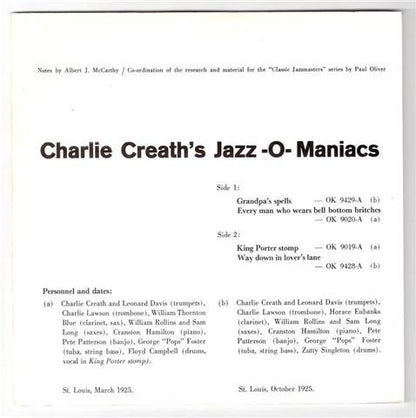 Charles Creath's Jazz-O-Maniacs : Charlie Creath's Jazz-O-Maniacs 1925 (7", EP, Mono)