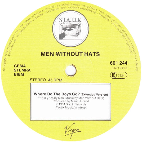 Men Without Hats : Where Do The Boys Go? (Extended Version) (12", Maxi)