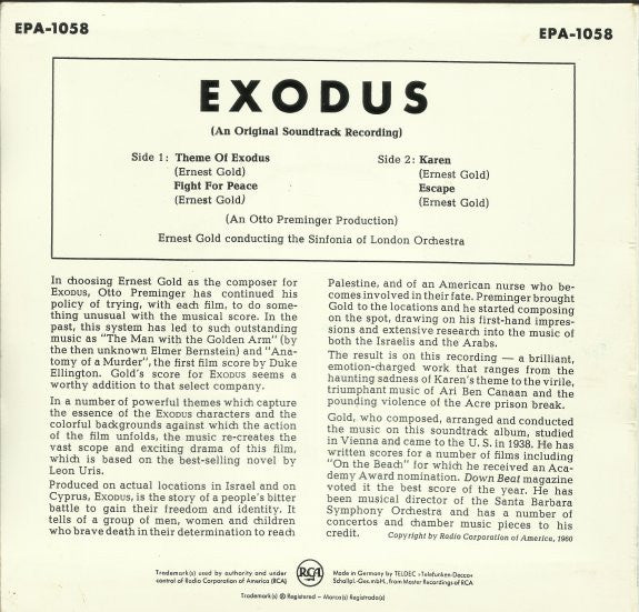 Ernest Gold Conducting The London Symphony Orchestra : Exodus (7", EP, RE)