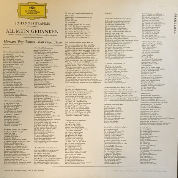 Johannes Brahms - Hermann Prey • Karl Engel : All Mein Gedanken (Deutsche Volkslieder Von Johannes Brahms) (LP, Album)