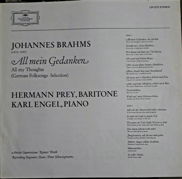 Johannes Brahms - Hermann Prey • Karl Engel : All Mein Gedanken (Deutsche Volkslieder Von Johannes Brahms) (LP, Album)