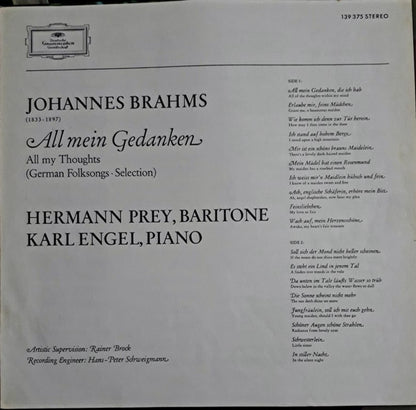 Johannes Brahms - Hermann Prey • Karl Engel : All Mein Gedanken (Deutsche Volkslieder Von Johannes Brahms) (LP, Album)