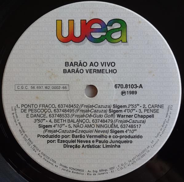 Barão Vermelho : Barão Ao Vivo (LP, Album, Gat)