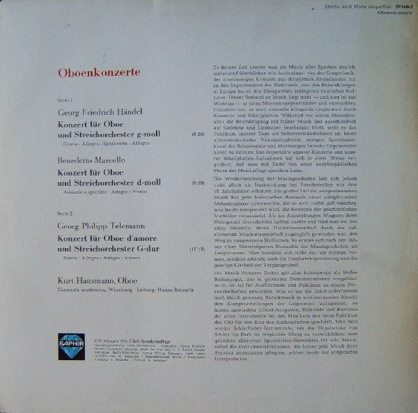 Georg Friedrich Händel, Benedetto Marcello, Georg Philipp Telemann - Kurt Hausmann, Camerata Academica Würzburg, Hanns Reinartz : Oboenkonzerte (LP, Club)