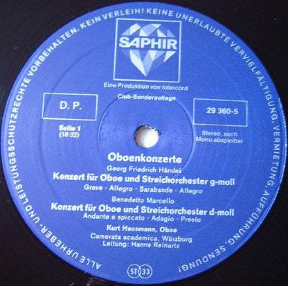 Georg Friedrich Händel, Benedetto Marcello, Georg Philipp Telemann - Kurt Hausmann, Camerata Academica Würzburg, Hanns Reinartz : Oboenkonzerte (LP, Club)