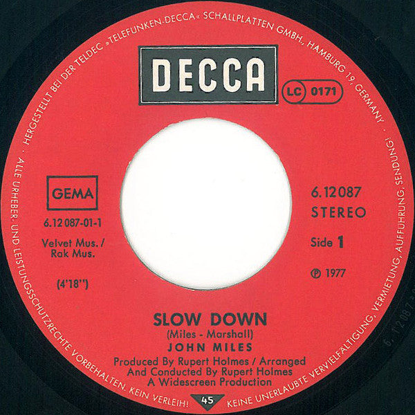 John Miles : Slow Down / Stranger In The City (7", Single)