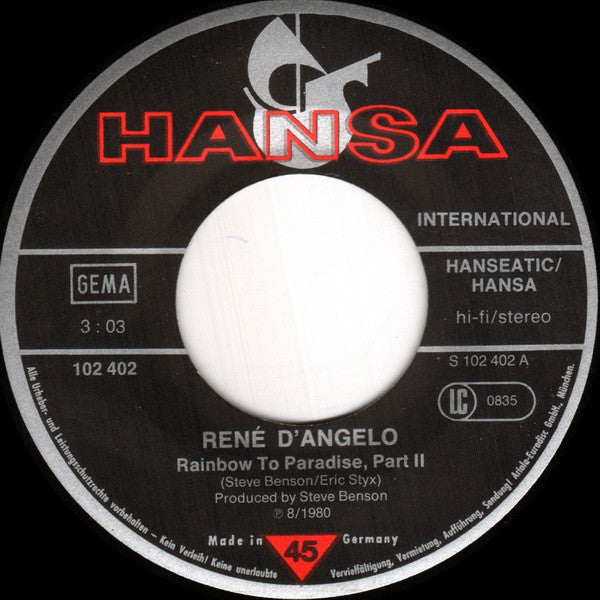 René D'Angelo : Rainbow To Paradise Part 1+2 (7", Single)