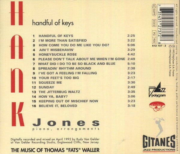 Hank Jones : Handful Of Keys - The Music Of Thomas "Fats" Waller (CD, Album)