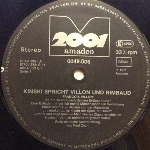 Klaus Kinski Spricht François Villon Und Arthur Rimbaud : Kinski Spricht Villon Und Rimbaud 1 (LP, Album, RE, Bla)