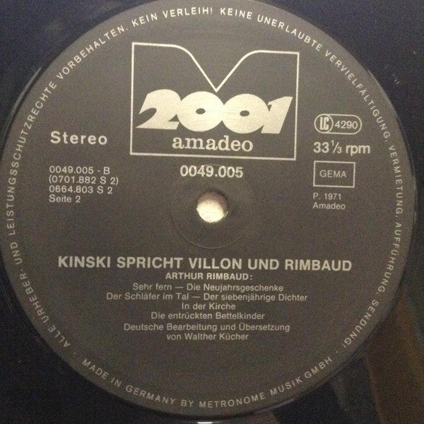 Klaus Kinski Spricht François Villon Und Arthur Rimbaud : Kinski Spricht Villon Und Rimbaud 1 (LP, Album, RE, Bla)