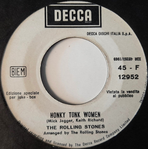 The Rolling Stones : Honky Tonk Women / You Can't Always Get What You Want (7", Jukebox)