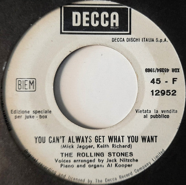 The Rolling Stones : Honky Tonk Women / You Can't Always Get What You Want (7", Jukebox)