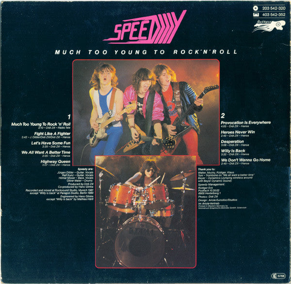 Speedy (15) : Much Too Young To Rock'n'Roll (LP, Album)