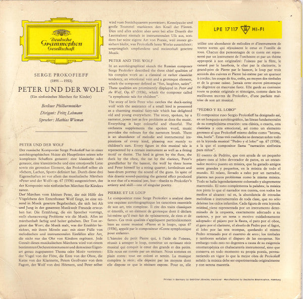 Sergei Prokofiev, Berliner Philharmoniker · Fritz Lehmann · Mathias Wieman : Peter Und Der Wolf (Ein Sinfonisches Märchen Für Kinder) (10", Mono)