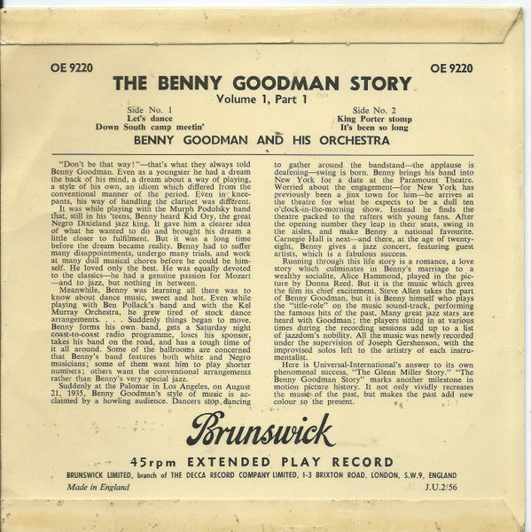 Benny Goodman And His Orchestra : The Benny Goodman Story, Volume 1, Part 1 (7", EP)