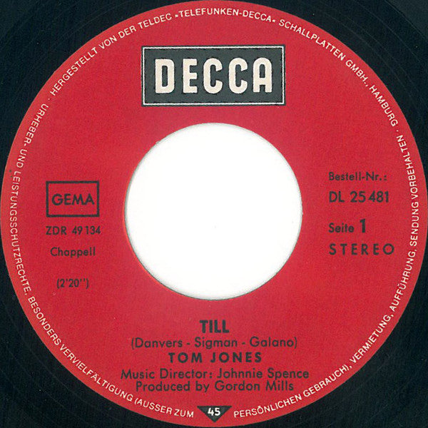 Tom Jones : Till (7", Single)