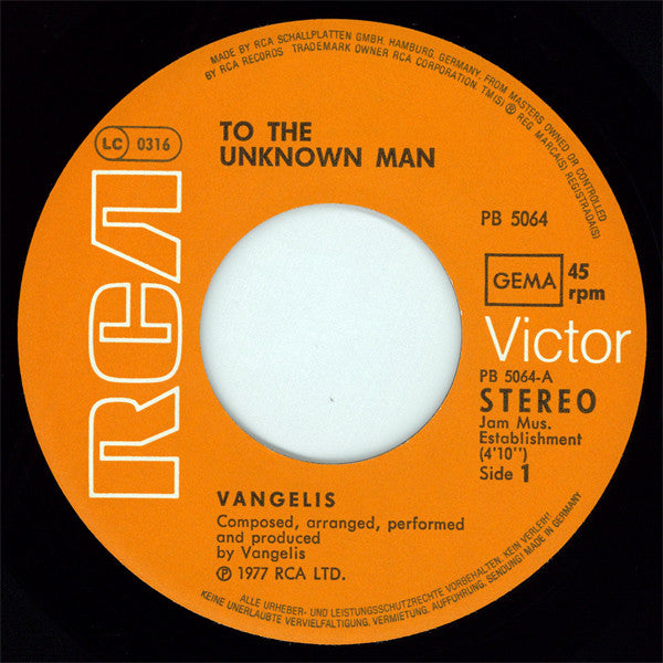 Vangelis : To The Unknown Man / To The Unknown Man (2) (7", Single, Jac)